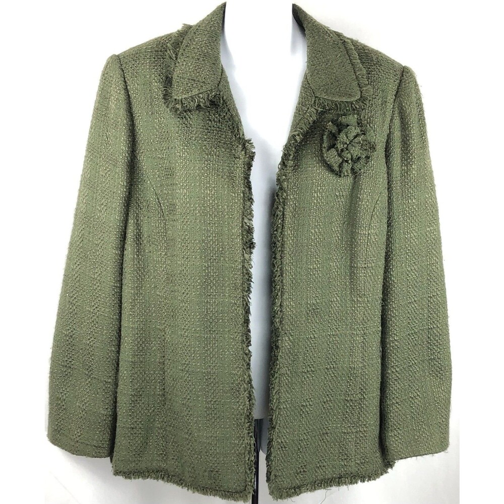 Alfred Dunner Tweed Jacket 14 Green Fringe Trim Flower Brooch Collar Open Front